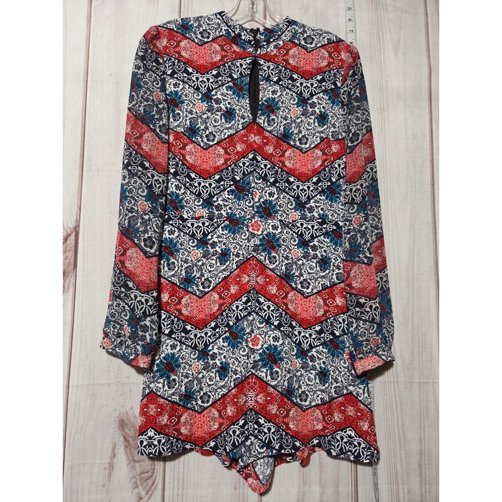 Boho Paisley‎ Print Romper Dress Ladied 4 Long Sheer Sleeve Red Blue Festival